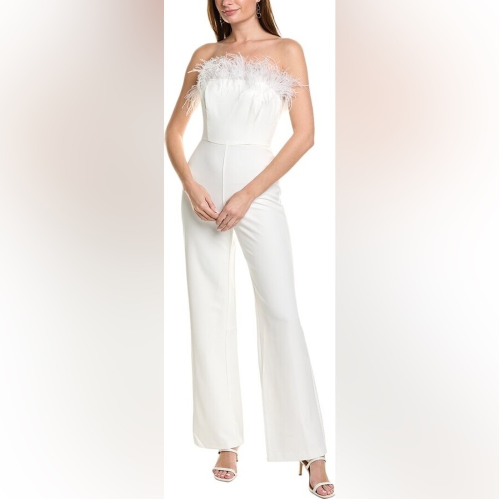 AIDAN MATTOX White Strapless Feather Trim Jumpsuit NWT Size 4